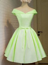 Smart Knee Length Yellow Green Dama Dress Taffeta Cap Sleeves Belt