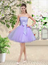 Shining A-line Quinceanera Dama Dress Lilac Off The Shoulder Organza Sleeveless Knee Length Lace Up