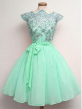  Apple Green Cap Sleeves Knee Length Lace and Belt Lace Up Quinceanera Court of Honor Dress