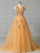 Smart Gold Empire Tulle Scoop Sleeveless Appliques and Pattern Lace Up Prom Party Dress Brush Train