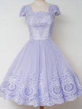  Lavender Cap Sleeves Knee Length Lace Zipper Damas Dress