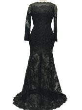 Low Price Lace and Belt Prom Party Dress Black Backless Long Sleeves Brush Train