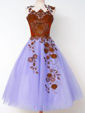 Discount Lavender A-line Appliques Quinceanera Court of Honor Dress Lace Up Tulle Sleeveless Knee Length