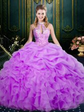 Amazing Lilac Lace Up Quinceanera Dresses Beading and Ruffles and Pick Ups Sleeveless Floor Length