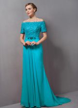 Superior Aqua Blue Chiffon Zipper Off The Shoulder Short Sleeves Evening Dress Sweep Train Lace