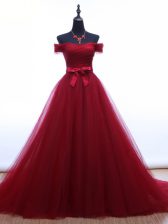  Burgundy Lace Up Prom Party Dress Ruching and Belt Sleeveless Brush Train