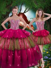 Best Selling Burgundy Lace Up Sweetheart Beading and Ruffled Layers Quince Ball Gowns Organza Sleeveless