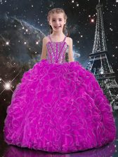 Excellent Fuchsia Ball Gowns Organza Straps Sleeveless Beading and Ruffles Floor Length Lace Up Girls Pageant Dresses