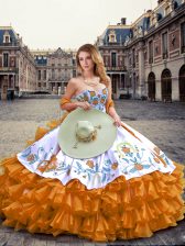 Modern Orange Ball Gowns Organza Sweetheart Sleeveless Embroidery and Ruffled Layers Floor Length Lace Up Sweet 16 Quinceanera Dress