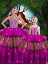 Superior Fuchsia Sleeveless Organza Lace Up Vestidos de Quinceanera for Military Ball and Sweet 16 and Quinceanera