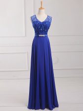 Best Selling Sleeveless Floor Length Beading and Belt Zipper Prom Gown with Royal Blue