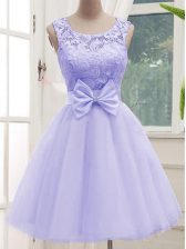 Vintage Tulle Sleeveless Knee Length Dama Dress for Quinceanera and Lace and Bowknot