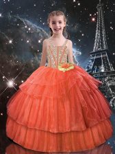 Best Floor Length Orange Red Little Girls Pageant Dress Wholesale Straps Short Sleeves Lace Up