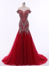  Tulle Sleeveless Prom Party Dress Brush Train and Beading