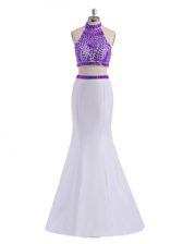 Cute White And Purple Halter Top Neckline Beading Prom Party Dress Sleeveless Criss Cross