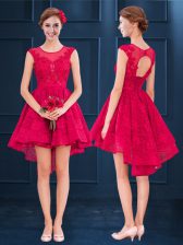 Classical Satin and Lace Scoop Sleeveless Clasp Handle Lace and Belt Vestidos de Damas in Wine Red