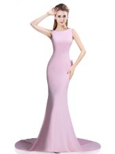 Enchanting Sleeveless Beading and Bowknot Clasp Handle with Pink Brush Train
