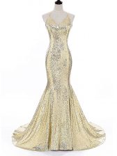 Custom Fit Gold Straps Backless Sequins Evening Dress Brush Train Sleeveless