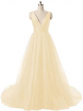Inexpensive Organza Sleeveless Prom Party Dress Brush Train and Ruching