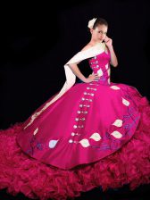 V-neck Sleeveless Quinceanera Gown Brush Train Embroidery and Ruffles Fuchsia Taffeta
