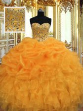 Colorful Orange Ball Gowns Beading and Ruffles Quinceanera Dress Lace Up Organza Sleeveless Floor Length