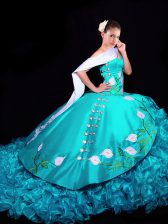 Fancy Embroidery and Ruffles Vestidos de Quinceanera Aqua Blue Lace Up Sleeveless Brush Train