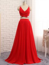 Elegant Chiffon Straps Sleeveless Brush Train Criss Cross Beading Dress for Prom in Red