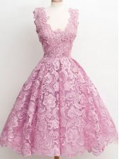 Vintage Lilac Sleeveless Lace Zipper Quinceanera Court Dresses for Prom and Party and Wedding Party