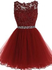  Burgundy A-line Scoop Sleeveless Tulle Mini Length Zipper Beading and Lace and Appliques Dress for Prom