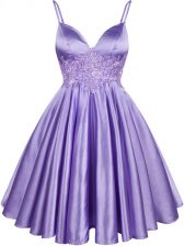 Unique Lilac A-line Elastic Woven Satin Spaghetti Straps Sleeveless Lace Knee Length Lace Up Quinceanera Dama Dress