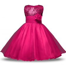 Nice Sleeveless Zipper Knee Length Belt and Hand Made Flower Flower Girl Dress