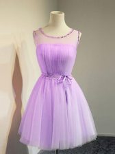 Vintage Lavender Empire Belt Vestidos de Damas Lace Up Tulle Sleeveless Knee Length
