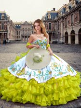  Yellow Green Organza and Taffeta Lace Up Sweetheart Sleeveless Floor Length Quinceanera Dresses Embroidery and Ruffled Layers