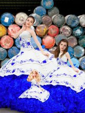  Strapless Sleeveless Sweet 16 Dresses Brush Train Embroidery and Ruffles Royal Blue Organza