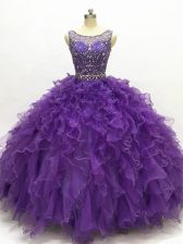 Glittering Purple Ball Gowns Beading and Ruffles Sweet 16 Dress Lace Up Organza Sleeveless Floor Length