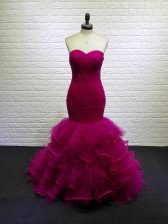 Gorgeous Sleeveless Brush Train Beading and Ruching Lace Up Prom Evening Gown