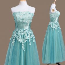Glittering Light Blue Sleeveless Tea Length Appliques Lace Up Quinceanera Dama Dress