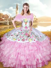 Lovely Rose Pink Lace Up Sweetheart Embroidery and Ruffled Layers Quinceanera Gowns Organza Sleeveless