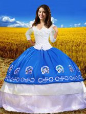 Fashion Floor Length Blue Quinceanera Dresses Off The Shoulder 3 4 Length Sleeve Lace Up