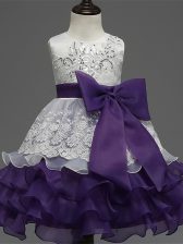 Most Popular Organza Sleeveless Tea Length Pageant Gowns For Girls and Lace and Ruffled Layers and Bowknot