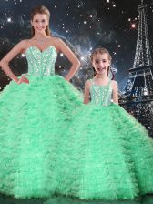  Turquoise Sleeveless Beading and Ruffles Floor Length Quinceanera Gowns