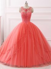  Coral Red Sweetheart Lace Up Beading and Lace 15th Birthday Dress Brush Train Sleeveless