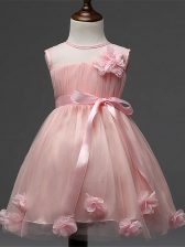  Pink A-line Tulle Scoop Sleeveless Hand Made Flower Knee Length Zipper Pageant Gowns For Girls