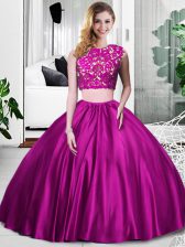  Sleeveless Floor Length Lace and Ruching Zipper Ball Gown Prom Dress with Fuchsia