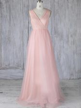 Custom Design Floor Length Baby Pink Dama Dress V-neck Sleeveless Zipper