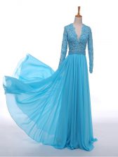 Floor Length Baby Blue Prom Dresses Chiffon Long Sleeves Lace