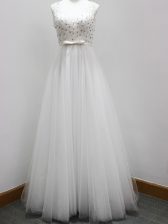  White A-line Tulle V-neck Sleeveless Beading and Belt Zipper Court Dresses for Sweet 16 Brush Train