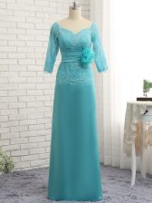 Colorful Long Sleeves Chiffon Floor Length Zipper Prom Party Dress in Aqua Blue with Lace and Appliques and Ruching and Hand Made Flower