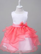 Popular Organza Scoop Sleeveless Zipper Ruffles and Bowknot Little Girls Pageant Dress Wholesale in White And Red 