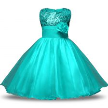 Suitable Knee Length Zipper Flower Girl Dress Turquoise for Military Ball and Sweet 16 and Quinceanera with Bowknot and Belt and Hand Made Flower